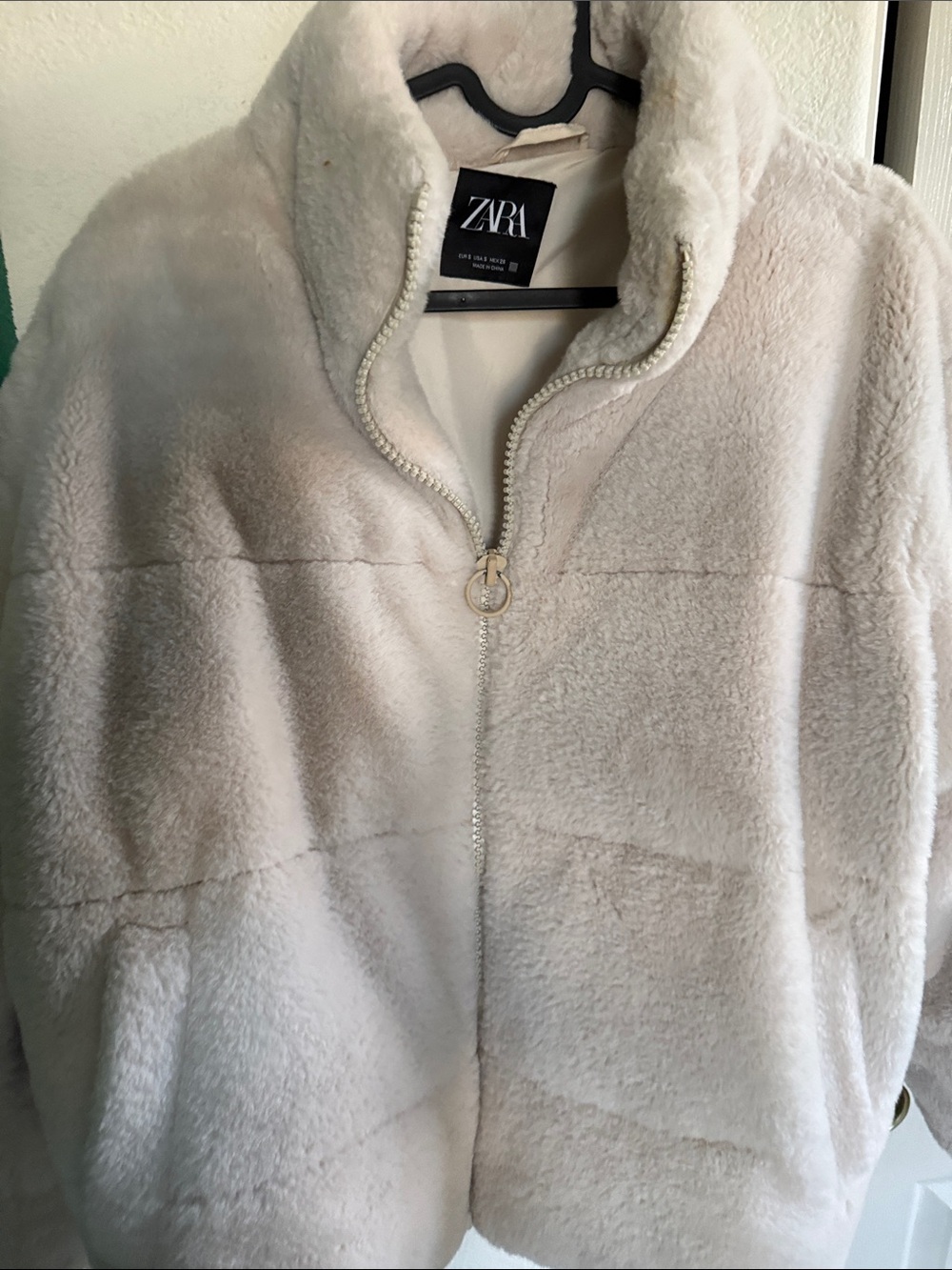 Zara Off-White/Taupe Plush Teddy Zip Jacket